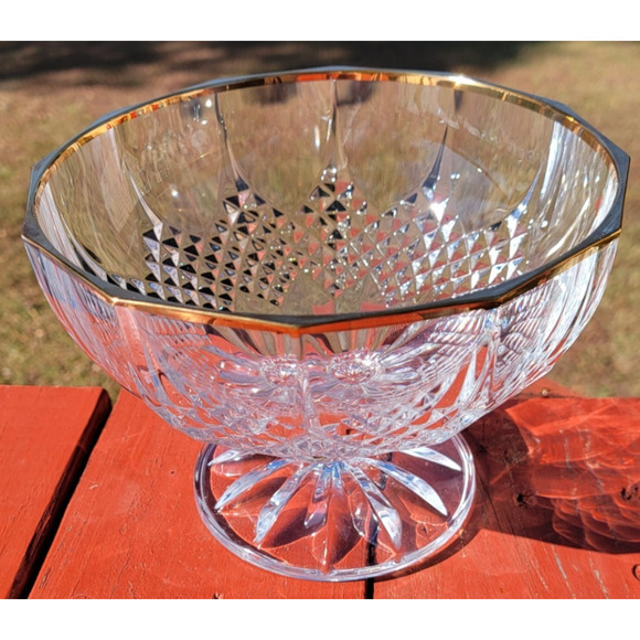 Cristal D'Arques France Footed Crystal Glass Bowl Gold Rim 8.25" Wide Diamond - Picture 5 of 12